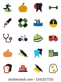 Color and black flat icon set - pumpkin vector, stethoscope, dropper, patch, ambulance car, barbell, bike, run, lungs, tooth, caries, diet, hospital, pool, bread, rolling pin, omelette
