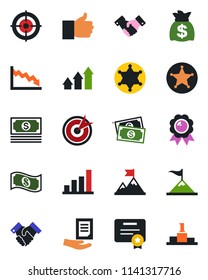 Color and black flat icon set - handshake vector, medal, money bag, document, cash, finger up, bar graph, target, police, arrow, motivation, crisis, certificate, pedestal