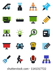 Color and black flat icon set - ladder car vector, hierarchy, presentation board, pencil, garden fork, seedling, microphone, paper pin, news, hr, manager, cook, bulb, money search