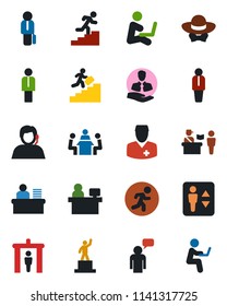 Color and black flat icon set - passport control vector, security gate, elevator, manager, speaking man, pedestal, place, run, doctor, support, client, desk, meeting, career ladder, dress code