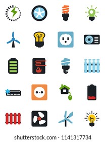 Color and black flat icon set - battery vector, low, charge, air conditioner, home control, socket, fan, water heater, radiator, bulb, energy saving, windmill, idea