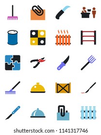 Color and black flat icon set - passport control vector, farm fork, rake, pruner, garden knife, scalpel, container, oil barrel, rack, application, paper clip, heater, dish, radiator
