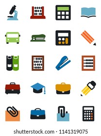 Color and black flat icon set - airport bus vector, book, graduate, abacus, microscope, calculator, case, paper clip, pencil, stapler