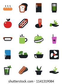Color and black flat icon set - hot cup vector, seedling, plant label, diet, drink, phyto bar, salad, bacon, bread, dog, apple fruit, fan, fridge, palm sproute