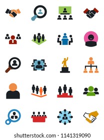 Color and black flat icon set - handshake vector, hierarchy, pedestal, team, patient, user, hr, meeting, company, client search, consumer, group
