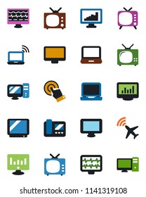 Color and black flat icon set - plane radar vector, wireless notebook, statistic monitor, pulse, tv, touch screen, laptop pc, statistics, intercome