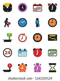 Color and black flat icon set - 24 around vector, alarm clock, calendar, heavy scales, manager, schedule, sand