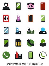 Color and black flat icon set - phone vector, mobile, office, 24 hours, support, cell, radio, back, call, sim