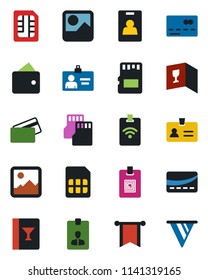 Color and black flat icon set - credit card vector, identity, gallery, sd, sim, wine, pass, wallet, pennon