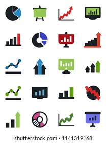 Color and black flat icon set - growth statistic vector, presentation board, crisis graph, monitor, circle chart, statistics, bar, pie, point, arrow up