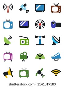 Color and black flat icon set - antenna vector, satellite, radio, loudspeaker, tv, video camera, wireless