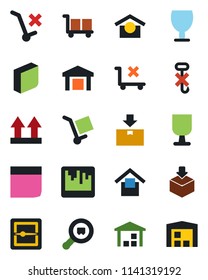 Color and black flat icon set - fragile vector, cargo, warehouse storage, up side sign, no trolley, hook, package, search, scanner, blank box