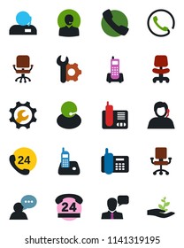 Color and black flat icon set - office chair vector, phone, 24 hours, support, speaker, radio, call, root setup, palm sproute