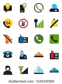 Color and black flat icon set - phone vector, no mobile, reception bell, office, 24 hours, support, tracking, radio, call, mute, cellular signal