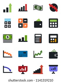 Color and black flat icon set - credit card vector, growth statistic, calculator, crisis graph, bar, wallet, cash, presentation
