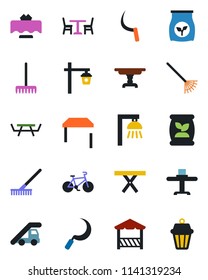 Color and black flat icon set - cafe vector, ladder car, rake, sickle, garden light, picnic table, fertilizer, bike, restaurant, alcove, outdoor lamp