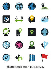 Color and black flat icon set - globe vector, seat map, route, navigation, earth, pin, mobile tracking, network, place tag, compass, flag