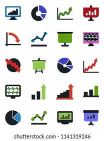 Color and black flat icon set - growth statistic vector, presentation board, crisis graph, circle chart, monitor pulse, statistics, bar, pie, point