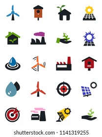 Color and black flat icon set - factory vector, bird house, target, sun panel, windmill, eco, water, palm sproute