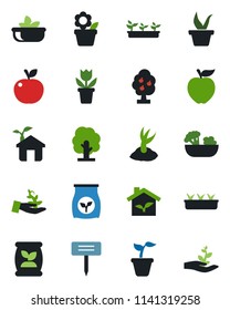 Color and black flat icon set - flower in pot vector, seedling, tree, sproute, plant label, fertilizer, fruit, salad, apple, eco house, palm