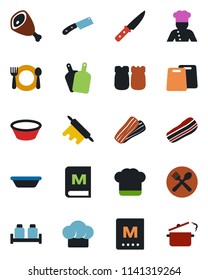 Color and black flat icon set - cook vector, cafe, hat, menu, bacon, salt and pepper, ham, bowl, rolling pin, cutting board, knife, steaming pan