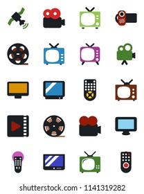 Color and black flat icon set - tv vector, reel, satellite, video camera, remote control, monitor