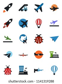 Color and black flat icon set - plane vector, departure, arrival, ladder car, boarding, globe, airport building, lady bug, rocket, paper, air balloon
