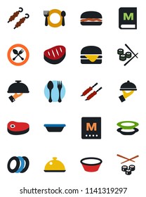 Color and black flat icon set - spoon and fork vector, dish, cafe, menu, plates, waiter, steak, kebab, hamburger, bowl, sushi