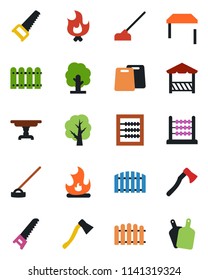 Color and black flat icon set - fence vector, tree, saw, fire, hoe, axe, abacus, table, alcove, cutting board