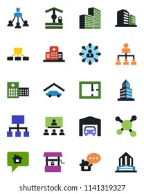 Color and black flat icon set - hierarchy vector, well, hospital, molecule, office building, garage, plan, home message