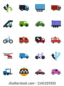 Color and black flat icon set - taxi vector, alarm car, fork loader, ladder, helicopter, ambulance, bike, route, truck trailer, delivery, moving