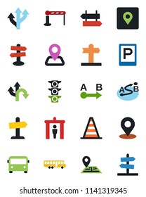 Color and black flat icon set - airport bus vector, parking, barrier, security gate, signpost, border cone, route, navigation, traffic light, place tag, guidepost