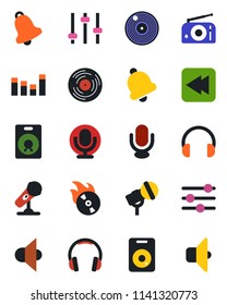 Color and black flat icon set - vinyl vector, flame disk, microphone, radio, speaker, equalizer, headphones, rewind, tuning, bell, sound