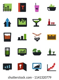 Color and black flat icon set - statistic monitor vector, barcode, equalizer, scanner, statistics, bar graph, alcohol, wine card, drink, cocktail, phyto, salad, sushi, arrow up, growth