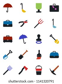 Color and black flat icon set - suitcase vector, umbrella, stamp, job, shovel, farm fork, bucket, pruner, axe, fragile, themes, case, ladle, hard work