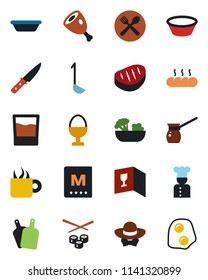 Color and black flat icon set - cook vector, cafe, wine card, menu, drink, coffee, salad, egg stand, bread, dress code, steak, ham, ladle, bowl, cutting board, knife, turkish, sushi, omelette
