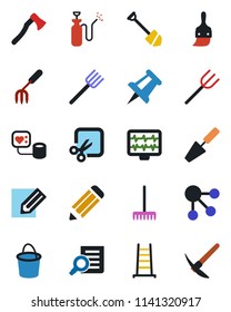 Color and black flat icon set - document search vector, drawing pin, job, pencil, trowel, garden fork, farm, rake, ladder, bucket, axe, sprayer, monitor pulse, blood pressure, themes, cut, hard work