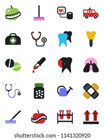 Color and black flat icon set - rake vector, watering can, doctor case, stethoscope, blood pressure, test vial, dropper, pills, bottle, patch, ambulance car, lungs, tooth, caries, implant, diet