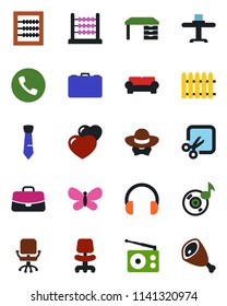 Color and black flat icon set - phone vector, office chair, case, desk, fence, butterfly, radio, headphones, heart, cut, music, abacus, tie, cushioned furniture, restaurant table, dress code, ham