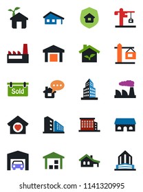 Color and black flat icon set - factory vector, warehouse, office building, house with garage, sold signboard, sweet home, crane, estate insurance, cafe, eco, message