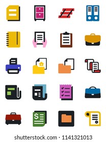 Color and black flat icon set - contract vector, office binder, notepad, document, printer, receipt, folder, news, clipboard, case, checklist, paper tray, archive box, estate