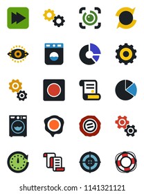Color and black flat icon set - gear vector, contract, circle chart, stamp, fast forward, record, eye id, update, pie graph, target, washer, clock, crisis management