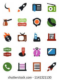 Color and black flat icon set - alarm clock vector, phone, abacus, stamp, sickle, plant label, flame disk, radio, tv, call, office, open close, turkish coffee, rocket