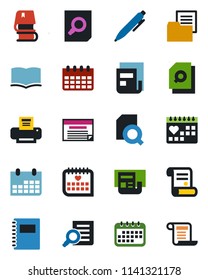 Color and black flat icon set - book vector, document search, pen, calendar, contract, medical, folder, copybook, news, printer, schedule
