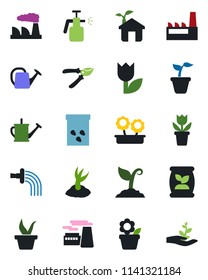 Color and black flat icon set - factory vector, flower in pot, seedling, watering can, sproute, pruner, seeds, garden sprayer, fertilizer, tulip, eco house, palm