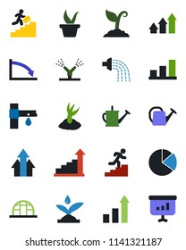 Color and black flat icon set - growth statistic vector, seedling, watering can, sproute, greenhouse, drip irrigation, bar graph, pie, career ladder, arrow up, crisis, presentation