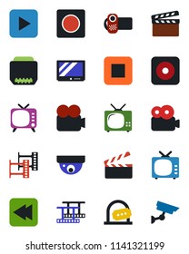Color and black flat icon set - ticket office vector, clapboard, film frame, tv, video camera, play button, stop, rewind, rec, hdmi, record, surveillance