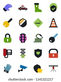 Color and black flat icon set - smoking place vector, alarm car, border cone, glove, boot, hose, heart shield, traffic light, lock, key, intercome, home protect, surveillance, sprinkler