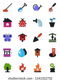 Color and black flat icon set - trowel vector, garden fork, shovel, seedling, tree, watering can, butterfly, lady bug, fire, house, water drop, well, hoe, plant label, bird, flower in pot