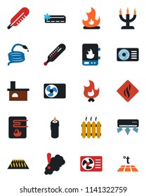 Color and black flat icon set - fire vector, hose, fireplace, thermometer, heater, air conditioner, candle, water, smoke detector, warm floor